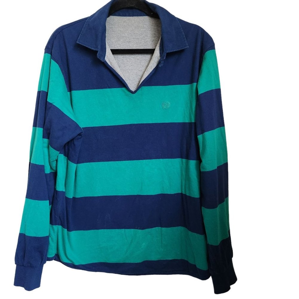 Fahrenheit Rugby Polo Shirt Mens M Long Sleeve Green Stripes Reversible